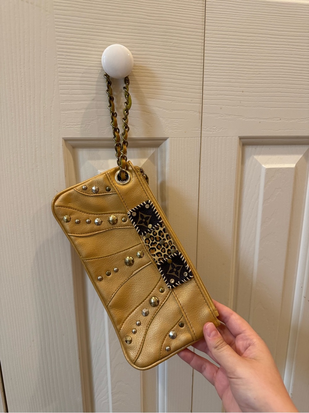 Gold Studded Leather Wristlet Clutch